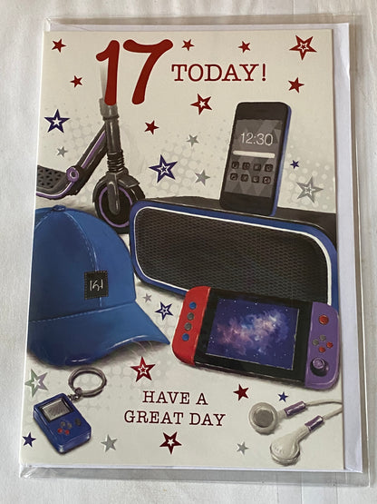 Boys Male Age 17 17th Seventeen Seventeenth 17 Today! Have A Great Day Birthday Card Techno Gadgets/Blue Cap Foil Detail(PH48407A)