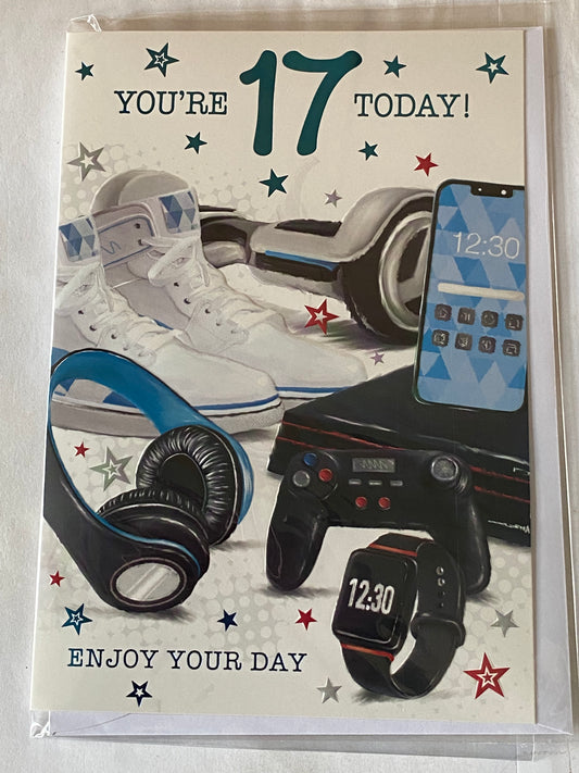 Boys Male Age 17 17th Seventeen Seventeenth You're 17 Today! Enjoy Your Day Birthday Card Techno Gadgets/White Sneakers Foil Detail(PH48407E)