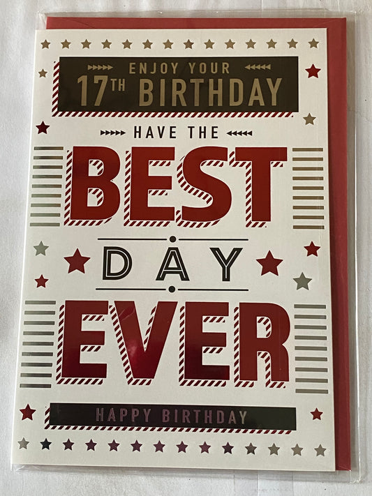 Boys Male Age 17 17th Seventeen Seventeenth Enjoy Your 17th Birthday Have The Best Day Ever Happy Birthday Card White/Silver/Red/Black Words/Stars Foil Detail(PH47340E)