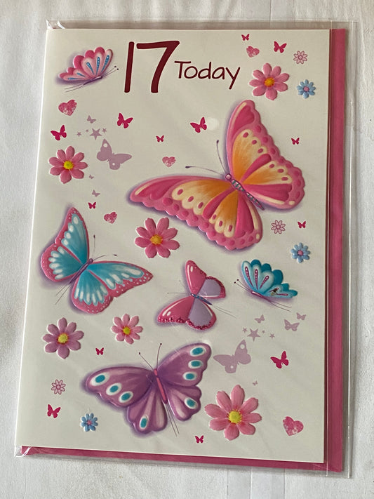 Girls Female Age 17 17th Seventeen Seventeenth 17 Today Birthday Card Multi Butterflies/Flowers Foil Detail(VA001E)