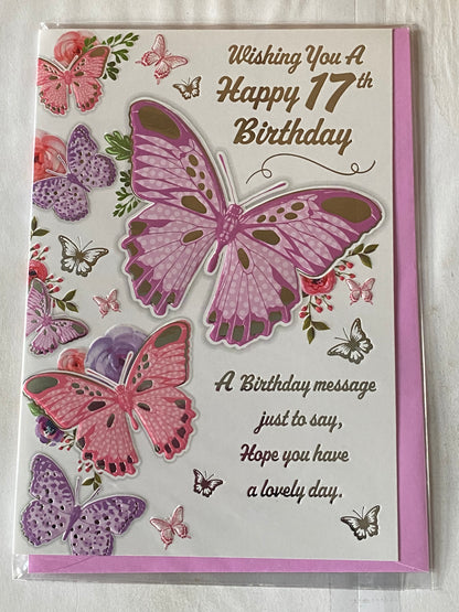 Girls Female Age 17 17th Seventeen Seventeenth Wishing You A Happy 17th Birthday Card Purple/Pink Butterflies/Silver Words Foil Detail(PH48384A)