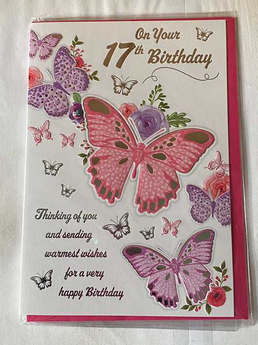 Girls Female Age 17 17th Seventeen Seventeenth On Your 17th Birthday Card Pink/Purple Butterflies/Silver Words Foil Detail(PH48384E)