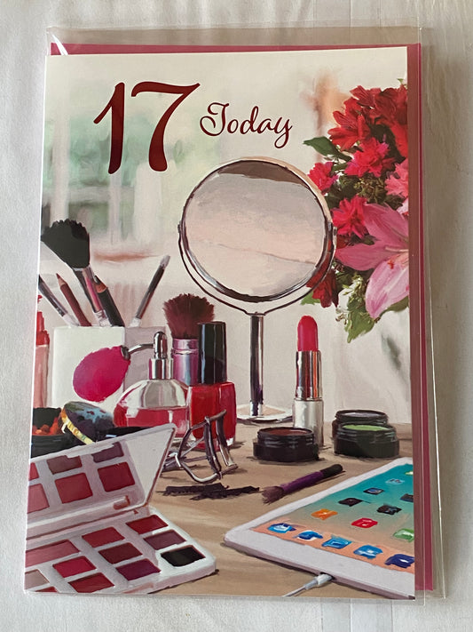 Girls Female Age 17 17th Seventeen Seventeenth 17 Today Birthday Card Make-Up/Round Mirror/Tablet Foil Detail(NC-VA176A)