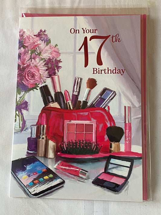 Girls Female Age 17 17th Seventeen Seventeenth On Your 17th Birthday Card Make-Up/Hairbrush/Mobile Foil Detail(NC-VA176E)