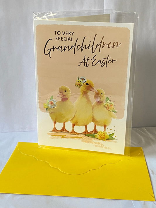 To Very Special Grandchildren At Easter Card Orange-Chicks/Flowers Foil Detail(PH50661B)