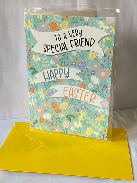 To A Very Special Friend Happy Easter Card Green-Multi Eggs/Multi Flowers/Words Foil Detail(PH50660B)
