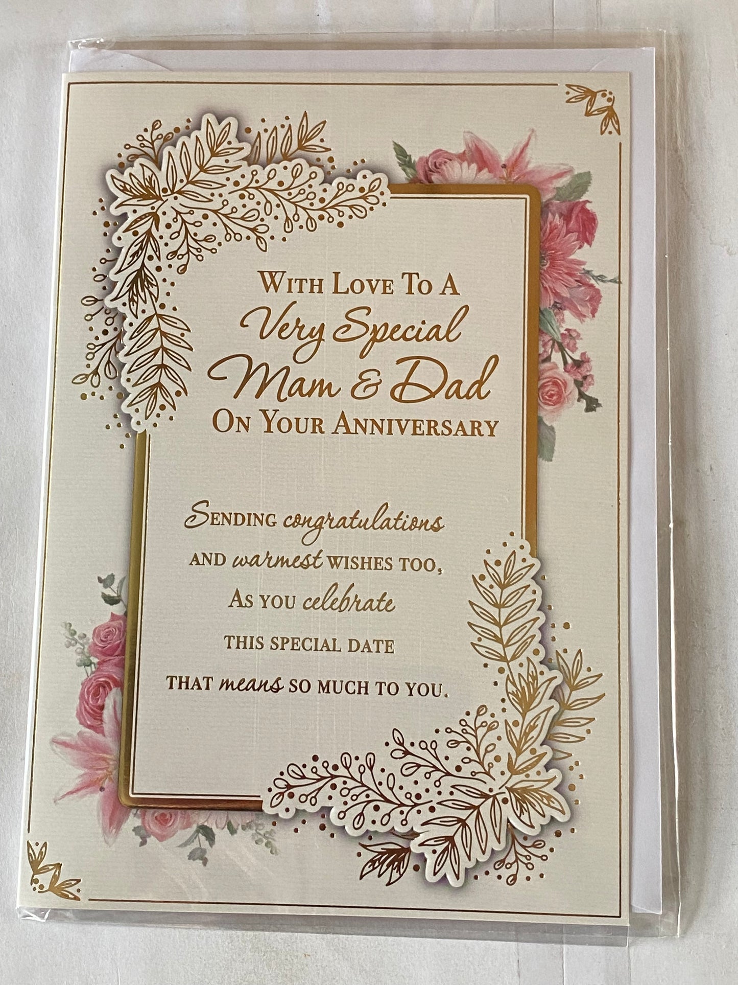 With Love To A Very Special Mam & Dad On Your Anniversary Wedding Anniversary Card Pink Flowers/Gold Words/Rectangle Foil Detail(PH48408A)