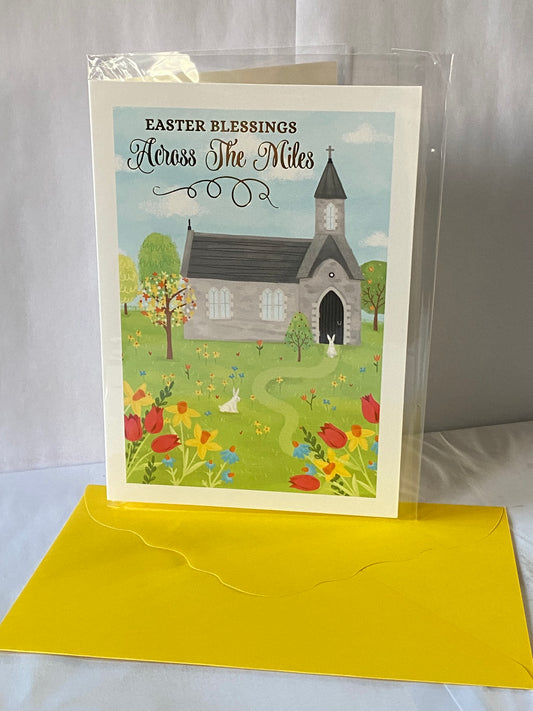 Easter Blessings Across The Miles Easter Card Church/Flowers/Rabbits Foil Detail(PH50658B)