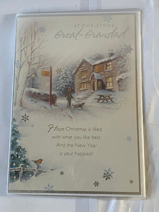 At Christmas Great-Grandad Christmas Card Winter Scene/Man/Dog/Pub/Words(HSX933B)