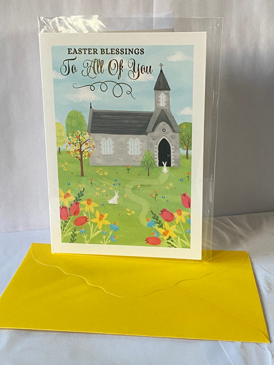 Easter Blessings To All Of You Easter Card Church/Flowers/Rabbits Foil Detail(PH50658B)