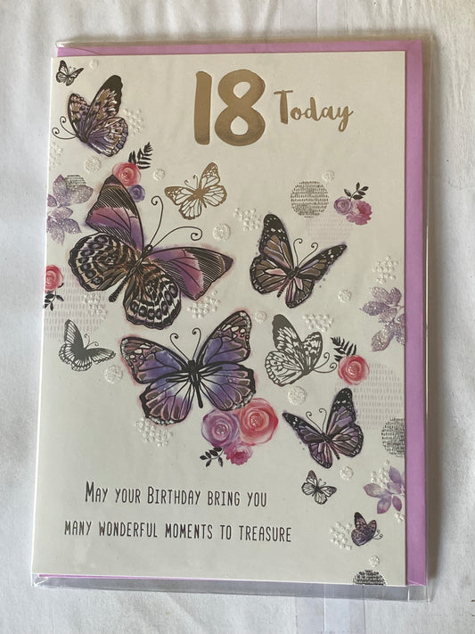 Ladies Female Age 18 18th Eighteen Eighteenth 18 Today Birthday Card Purple/Black/Silver Butterflies/Silver Words Glitter/Foil Detail(PH45849A)