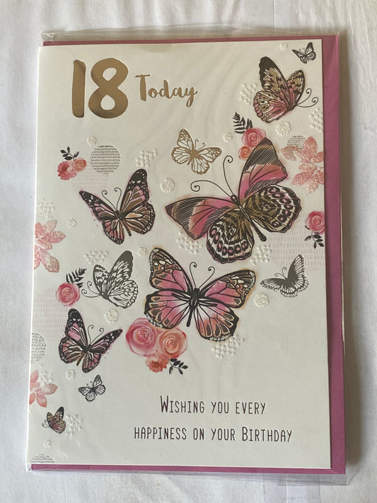 Ladies Female Age 18 18th Eighteen Eighteenth 18 Today Birthday Card Pink/Black/Silver Butterflies/Silver Words Glitter/Foil Detail(PH45849E)