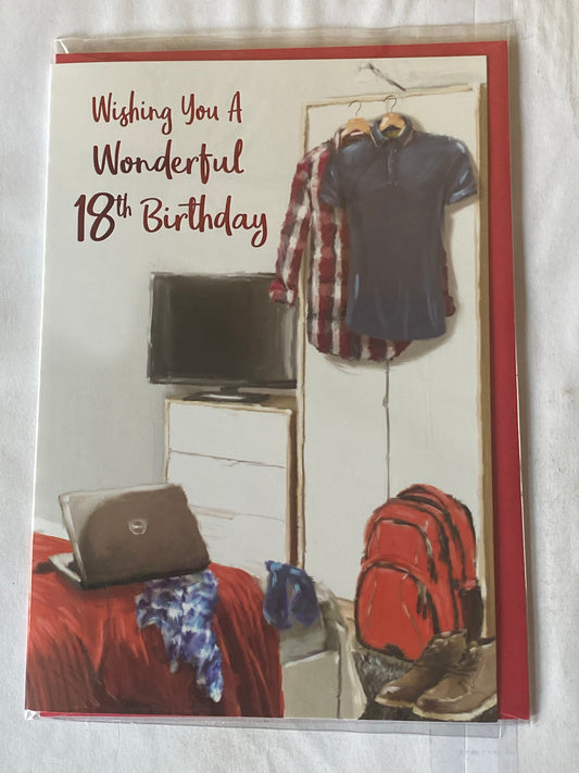 Mens Male Age 18 18th Eighteen Eighteenth Wishing You A Wonderful 18th Birthday Card Clothes/Red Rucksack/Grey Laptop Foil Detail(PH43618A)