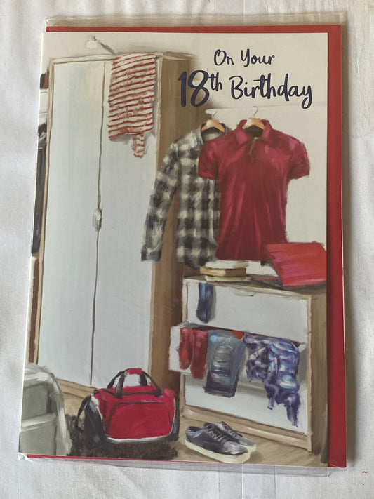 Mens Male Age 18 18th Eighteen Eighteenth On Your 18th Birthday Card Clothes/Red Bag/Red Laptop Foil Detail(PH43618E)