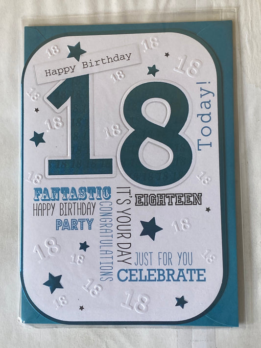 Mens Male 18th Eighteen Age 18 Happy Birthday 18 Today! Birthday Card White/Blue Words Foil Detail(PRELUDE35074-1)