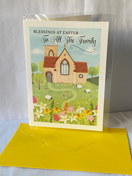 Blessings At Easter To All The Family Easter Card Church/Flowers/Sheep Foil Detail(PH50658A)