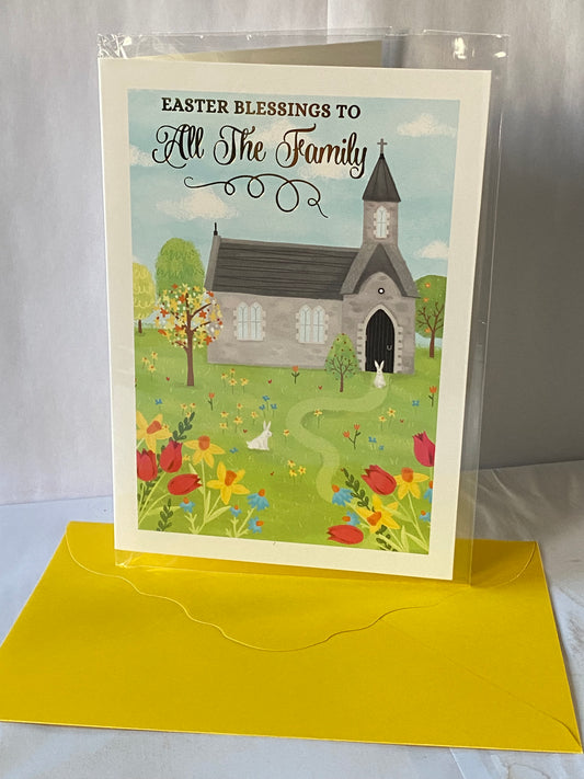 Easter Blessings To All The Family Easter Card Church/Flowers/Rabbits Foil Detail(PH50658B)