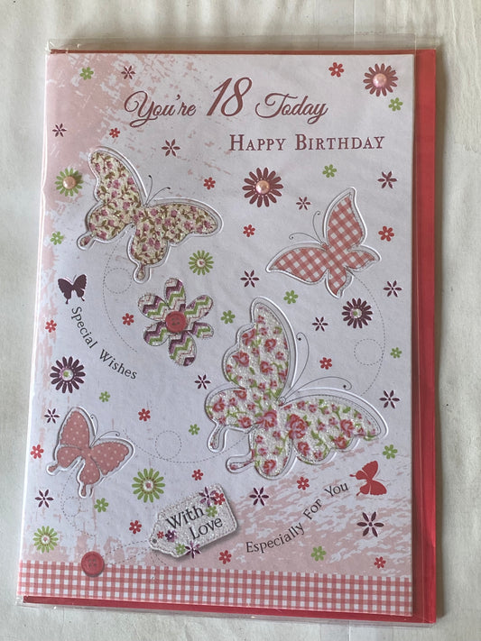 Ladies Female 18th Eighteen Age 18 You're 18 Today Happy Birthday Card Butterflies/Flowers Glitter/Foil/Pearls/Pop-Out Detail(PRELUDE39525)