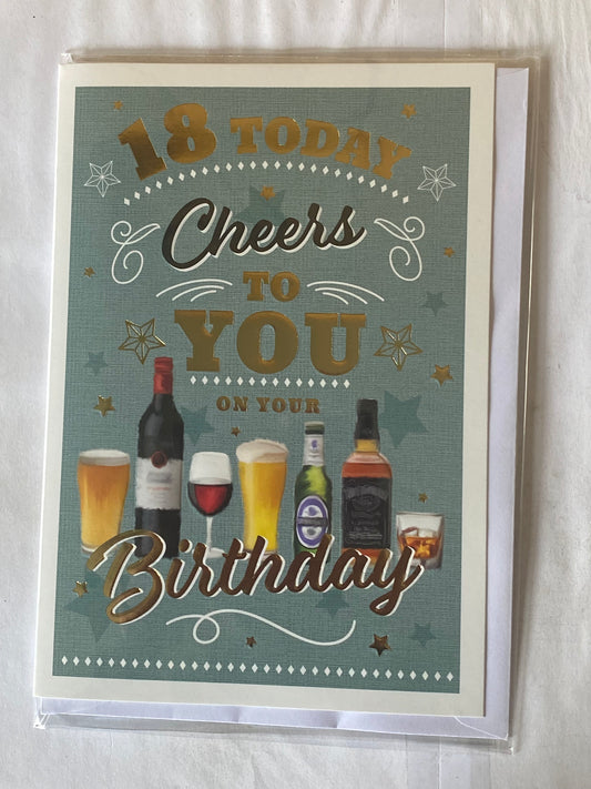 Mens/Male Age 18 18th Eighteen Eighteenth 18 Today Cheers To You On Your Birthday Card Green/Gold/Black Words/Beers/Wine/Whisky Foil Detail(PH45855E)