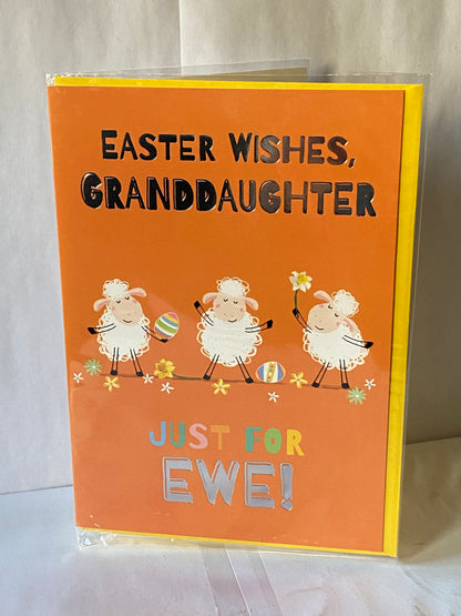Easter Wishes Granddaughter Just For Ewe! Easter Card Orange-Sheep/Flowers/Eggs Foil Detail(PH50657A)