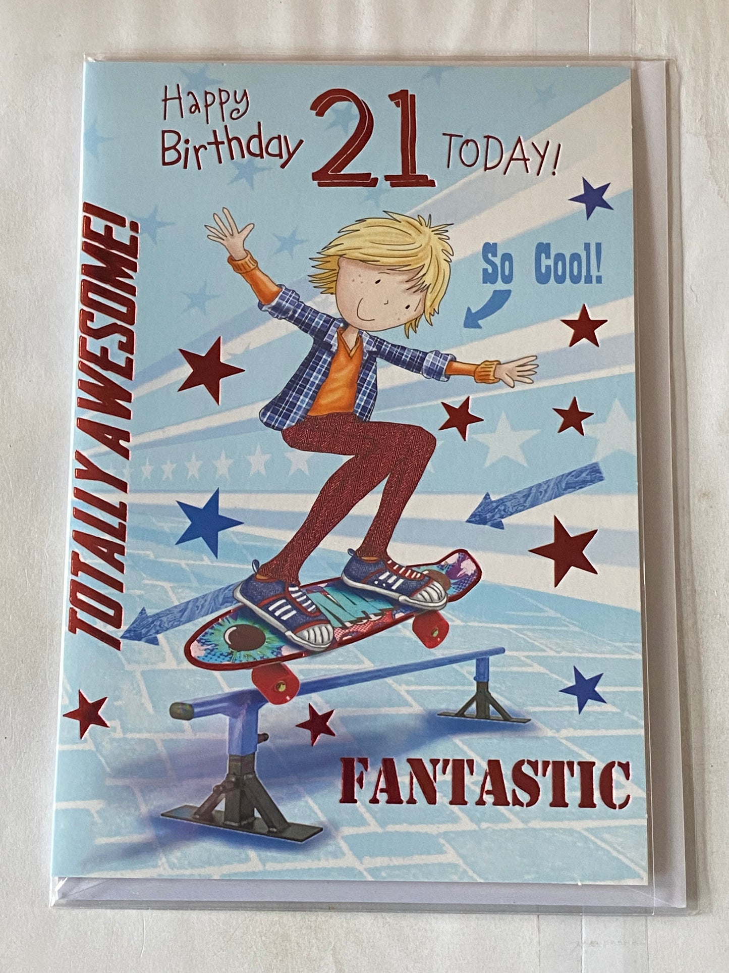 Mens Male Age 21 21st Twenty-One Happy Birthday 21 Today! Birthday Card Male Skateboarder/Words Foil Detail(PSC50-1729A)