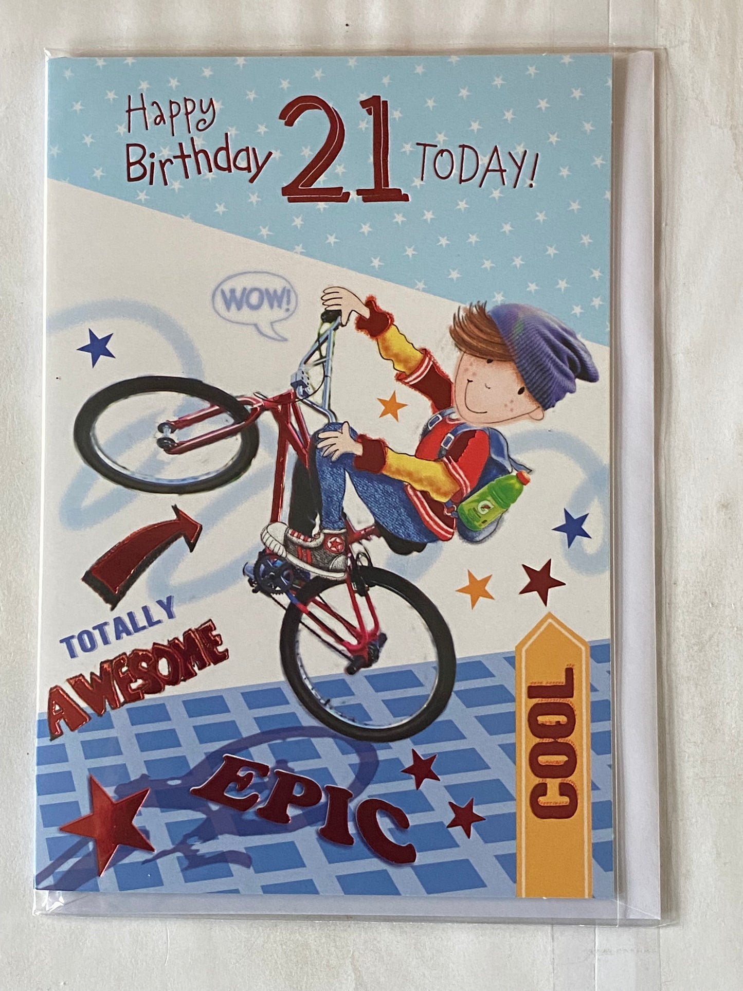 Mens Male Age 21 21st Twenty-One Happy Birthday 21 Today! Birthday Card Male Cyclist/Words Foil Detail(PSC50-1729E)