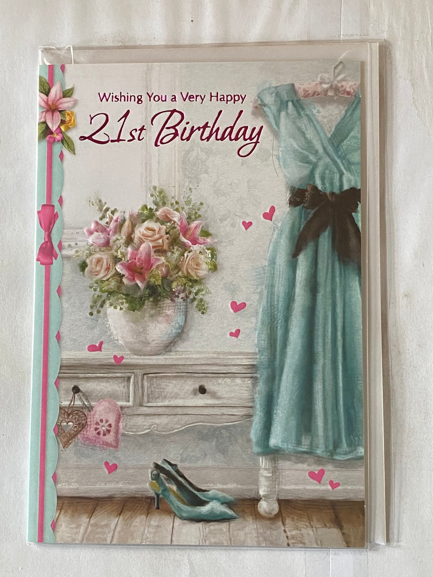 Ladies Female Age 21 21st Twenty-One Wishing You A Very Happy 21st Birthday Card Flowers/Green Dress+Shoes Foil Detail(SSC5018-1093A)