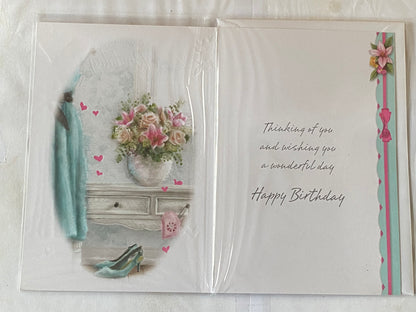 Ladies Female Age 21 21st Twenty-One Wishing You A Very Happy 21st Birthday Card Flowers/Green Dress+Shoes Foil Detail(SSC5018-1093A)