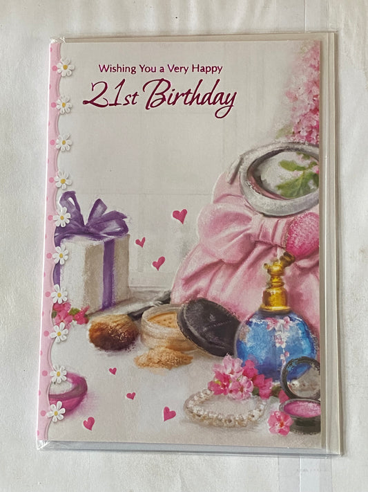 Ladies Female Age 21 21st Twenty-One Wishing You A Very Happy 21st Birthday Card Pink Bag/Make-up/Perfume Foil Detail(SSC5018-1093E)