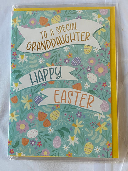 To A Special Granddaughter Happy Easter Card Green-Multi Eggs/Multi Flowers/Words Foil Detail(PH50660B)