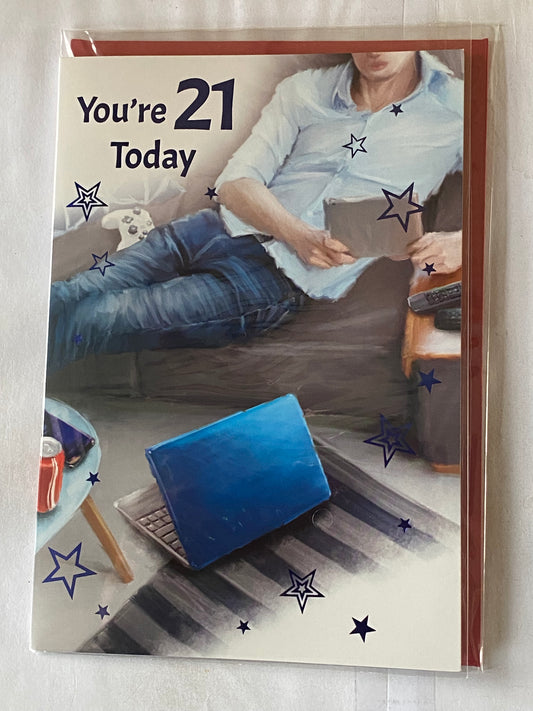 Mens Male Age 21 21st Twenty-One Twenty-First You're 21 Today Birthday Card Man/Blue Shirt/Blue Laptop Foil Detail(VA080A)