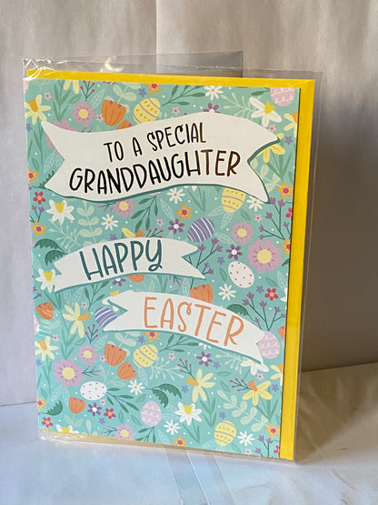 To A Special Granddaughter Happy Easter Card Green-Multi Eggs/Multi Flowers/Words Foil Detail(PH50660B)