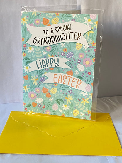 To A Special Granddaughter Happy Easter Card Green-Multi Eggs/Multi Flowers/Words Foil Detail(PH50660B)