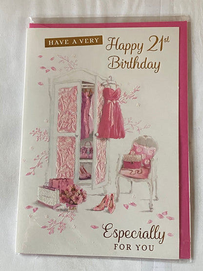 Ladies Female Age 21 21st Twenty-One Twenty-First Have A Very Happy 21st Birthday Especially For You Birthday Card Pink Dress+Shoes/Pink+White Chair+Wardrobe Glitter/Foil Detail(PH44821A)