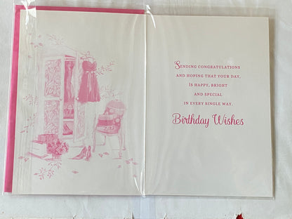 Ladies Female Age 21 21st Twenty-One Twenty-First Have A Very Happy 21st Birthday Especially For You Birthday Card Pink Dress+Shoes/Pink+White Chair+Wardrobe Glitter/Foil Detail(PH44821A)