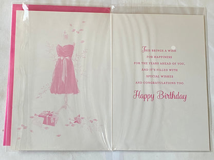 Ladies Female Age 21 21st Twenty-One Twenty-First Just For You On Your 21st Birthday Enjoy Your Day Birthday Card Pink Dress/White Chair Glitter/Foil Detail(PH44821E)