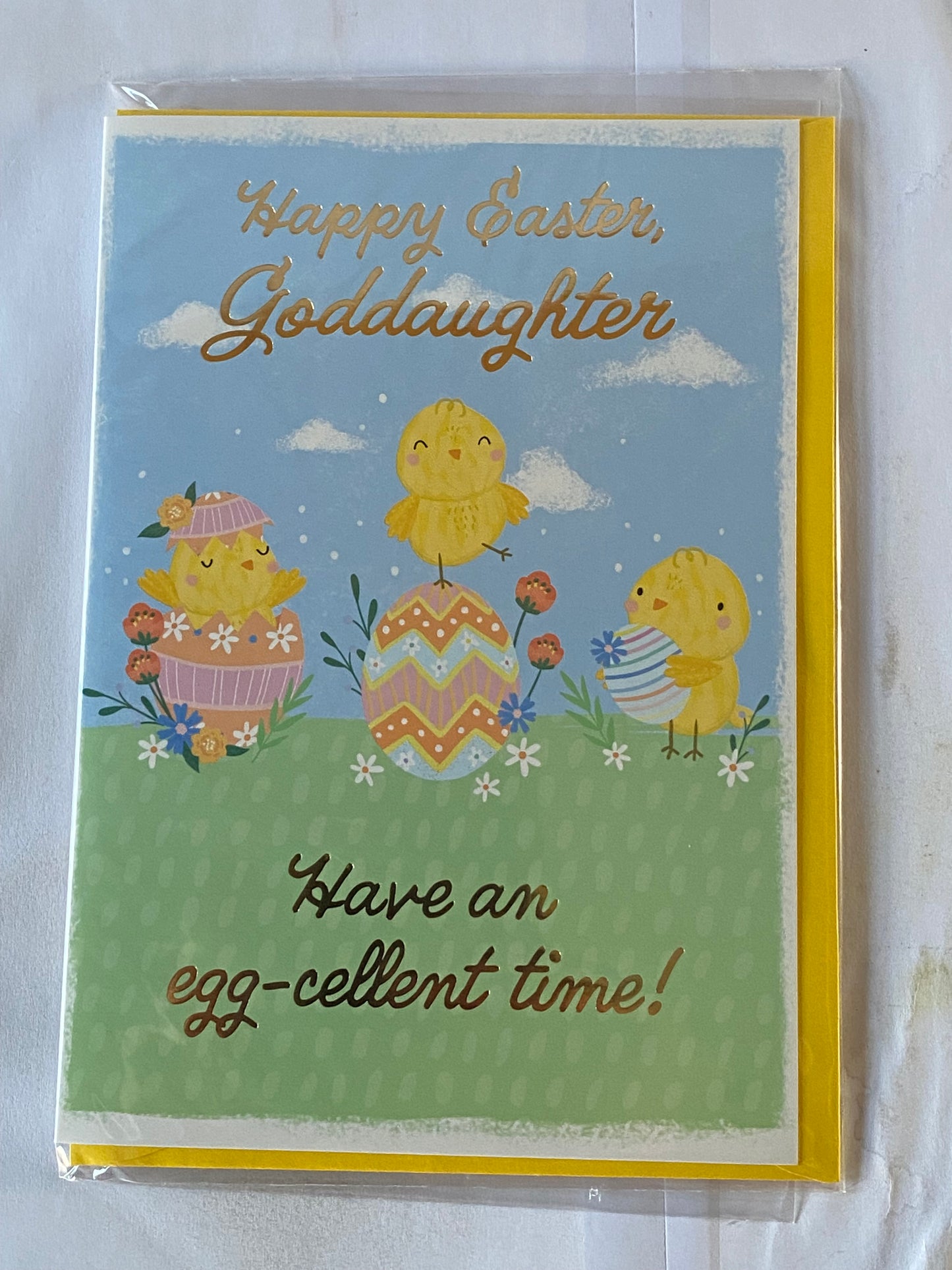 Happy Easter Goddaughter Have An Egg-cellent Time! Easter Card Cute Chicks/Eggs/Flowers Foil Detail(PH50655B)