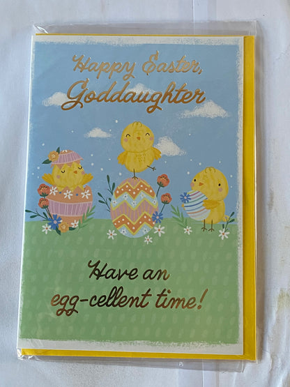 Happy Easter Goddaughter Have An Egg-cellent Time! Easter Card Cute Chicks/Eggs/Flowers Foil Detail(PH50655B)