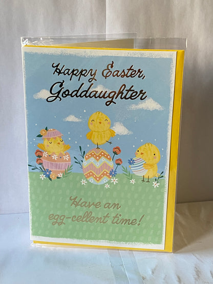 Happy Easter Goddaughter Have An Egg-cellent Time! Easter Card Cute Chicks/Eggs/Flowers Foil Detail(PH50655B)
