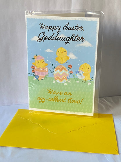 Happy Easter Goddaughter Have An Egg-cellent Time! Easter Card Cute Chicks/Eggs/Flowers Foil Detail(PH50655B)