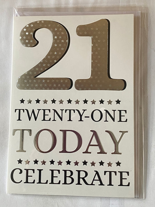 Mens Male Age 21 21st Twenty-One Twenty-First 21 Twenty-One Today Celebrate Birthday Card Silver/Black Words/Stars Foil Detail(PH44436E)