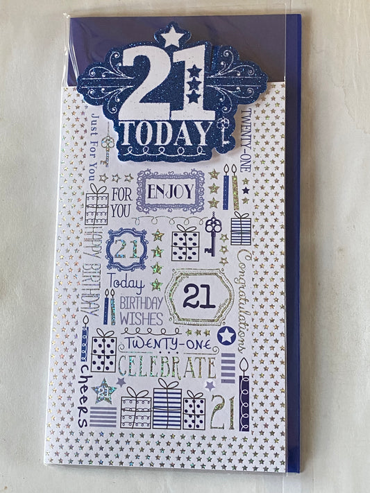 Mens Male Age 21 21st Twenty-One 21 Today Birthday Card White/Blue/Silver Words 3D/Glitter Foil Detail(PRELUDE33960-2)