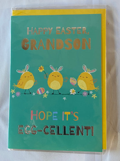 Happy Easter Grandson Hope It's Egg-cellent! Easter Card Green-Chicks/Flowers/Eggs Foil Detail(PH50657B)