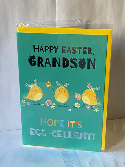 Happy Easter Grandson Hope It's Egg-cellent! Easter Card Green-Chicks/Flowers/Eggs Foil Detail(PH50657B)