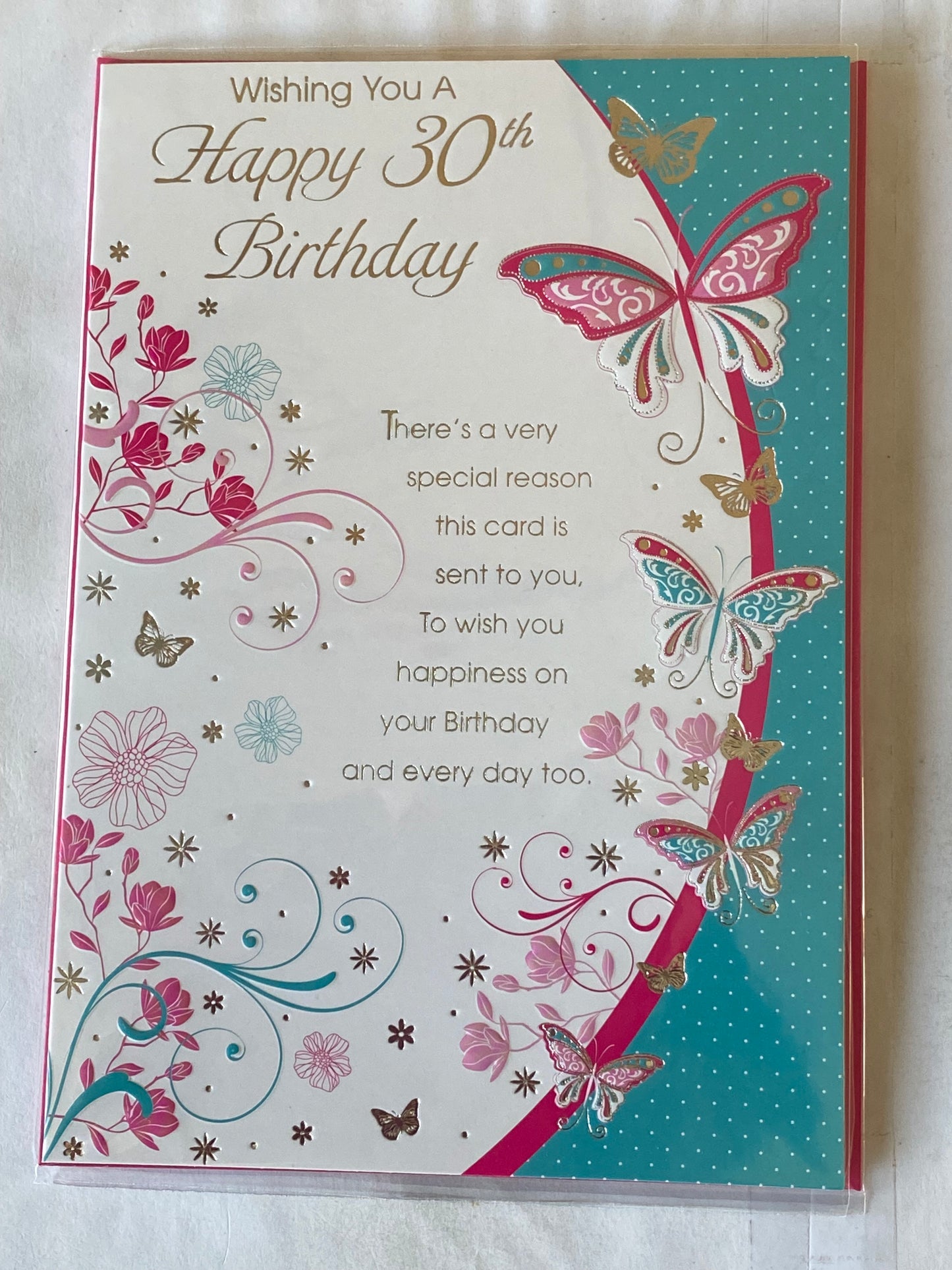 Ladies/Female Age 30 30th Thirty Thirtieth Wishing You A Happy 30th Birthday Card White/Pink/Turquoise/Silver Butterflies/Flowers/Silver Words Foil Detail(PH34402A)