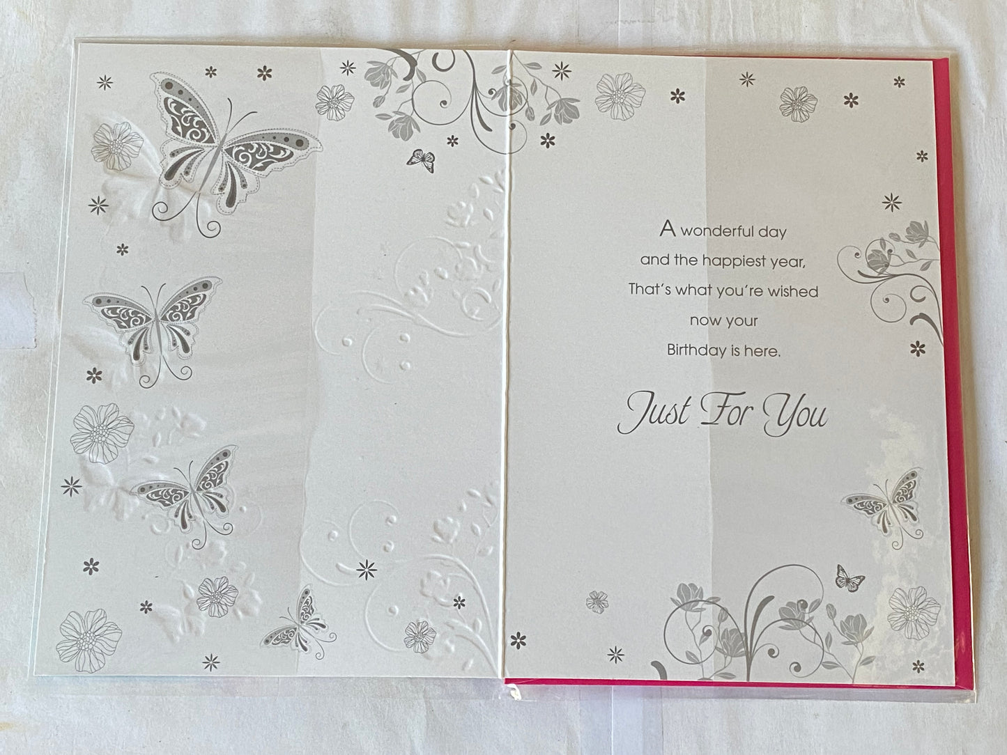 Ladies/Female Age 30 30th Thirty Thirtieth Wishing You A Happy 30th Birthday Card White/Pink/Turquoise/Silver Butterflies/Flowers/Silver Words Foil Detail(PH34402A)