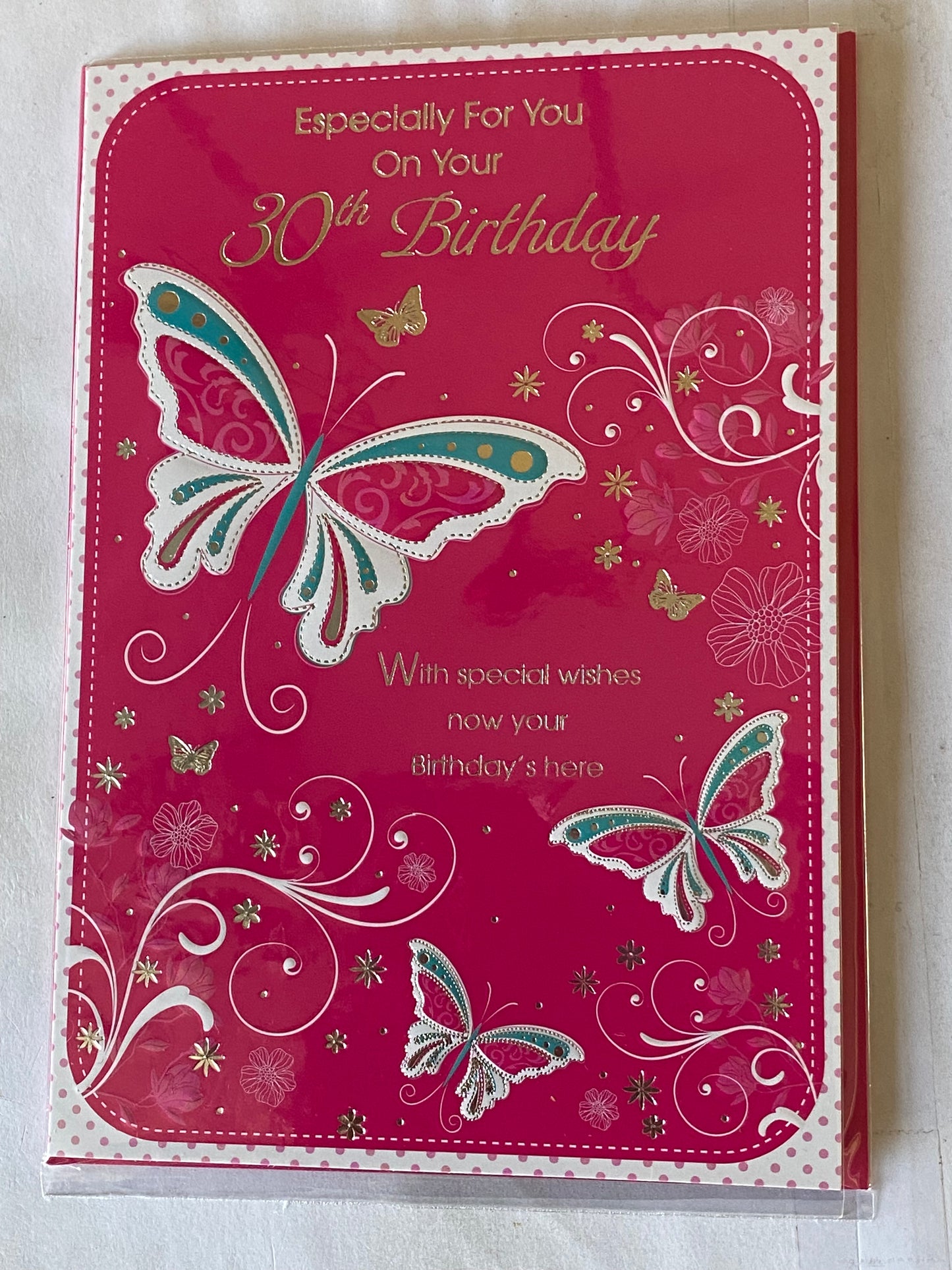 Ladies/Female Age 30 30th Thirty Thirtieth Especially For You On Your 30th Birthday Card Pink-White/Pink/Turquoise/Silver Butterflies/Flowers/Silver Words Foil Detail(PH34402E)