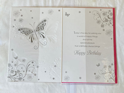 Ladies/Female Age 30 30th Thirty Thirtieth Especially For You On Your 30th Birthday Card Pink-White/Pink/Turquoise/Silver Butterflies/Flowers/Silver Words Foil Detail(PH34402E)