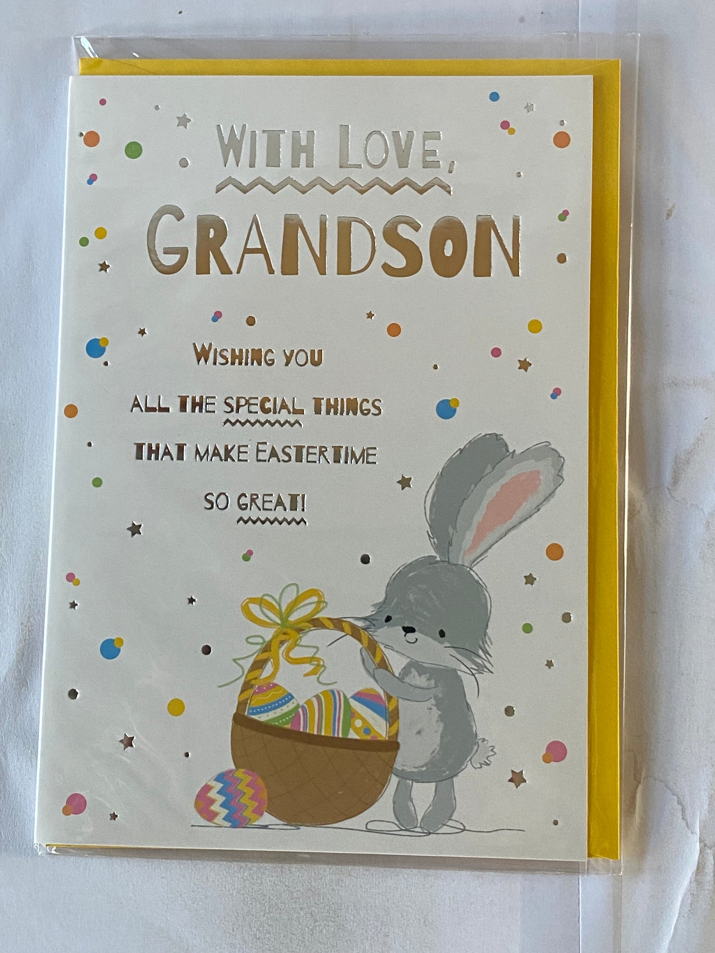 With Love Grandson Easter Card Cute Grey Rabbit Carrying Basket Of Eggs Foil Detail(PH50656B)