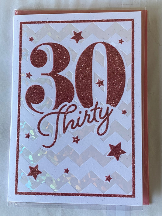 Ladies Female Age 30 30th Thirty Thirtieth 30 Thirty Birthday Card White/Pink Words/Stars Glitter/Foil Detail(PRELUDE35077-2)